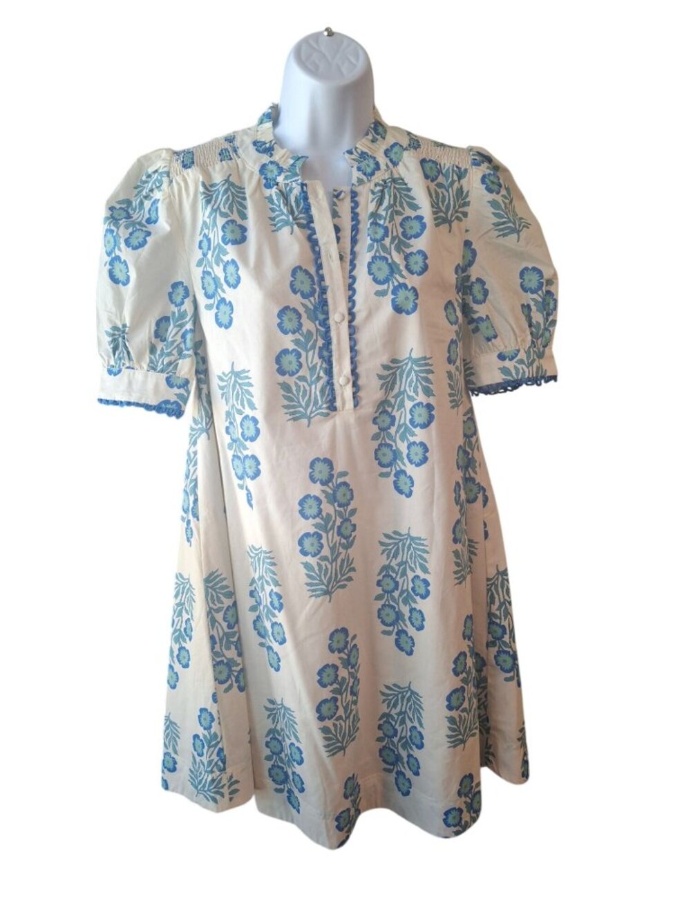 G.GiO USA Womens S Blue Floral Cotton Shift Dress Cottagecore Boho Puff Sleeve